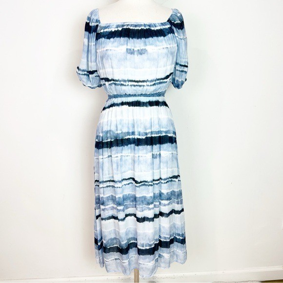BELLA DAHL BLUE TIE DYE SHORT PUFF SLEEVE FIT & FLARE MIDI DRESS WOMENS SMALL
