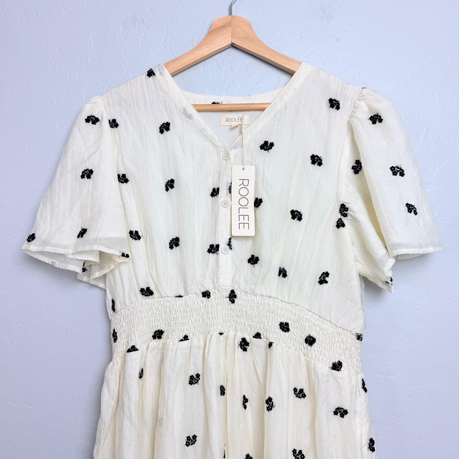 Roolee Cream Floral Embroidered Smocked Tiered Midi Dress NWT XL
