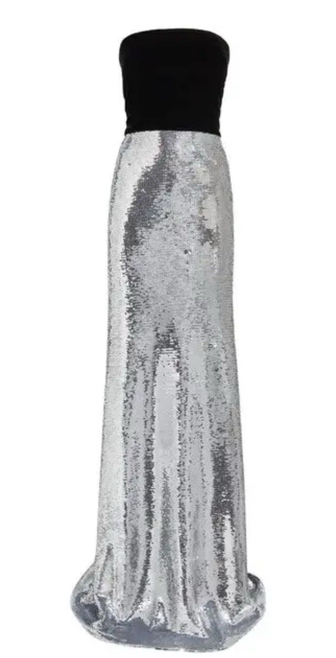Monique Lhuillier Strapless Sequin Silver & Black Velvet Gown Worn Once Size 4