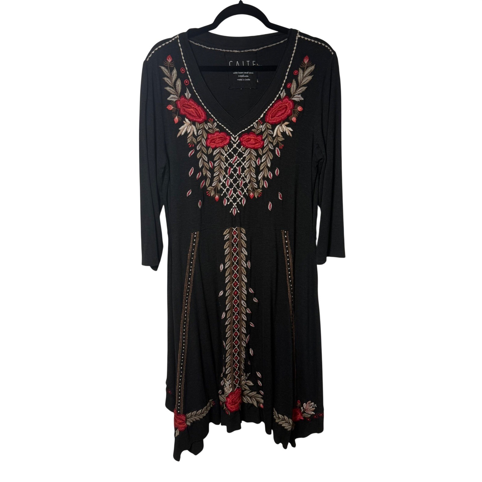 Caite Embroidered Floral Tunic Dress V-Neck Handkerchief Hem Medium