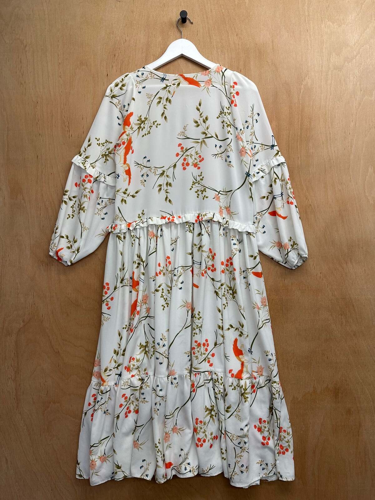 Minkie Size S White Orange Chiffon Botanical Bird Frill Tiered Long Sleeve Dress