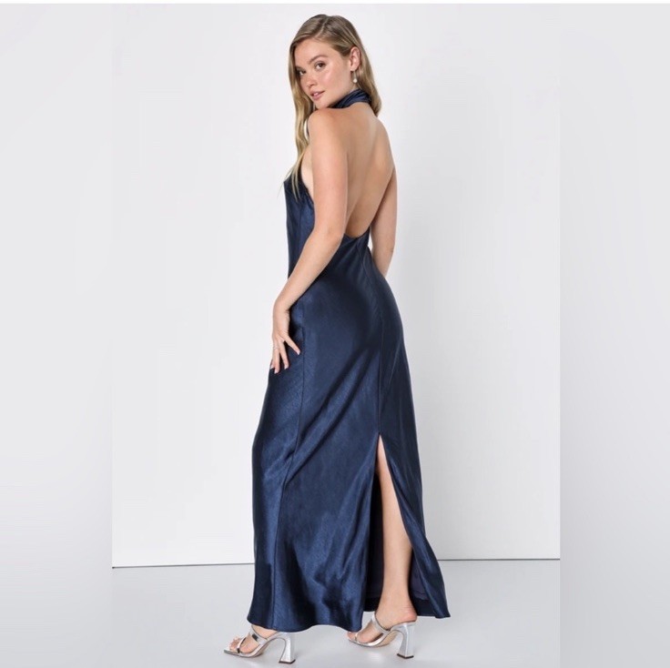Lulus Love in Your Life NWT size Small Navy Blue Satin Halter Maxi Dress
