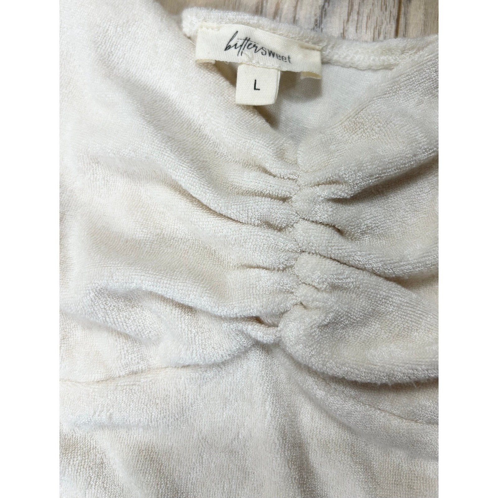 Velour Ruched Bust Bell Sleeve Mini Dress Large Cream Holiday Party Romantic