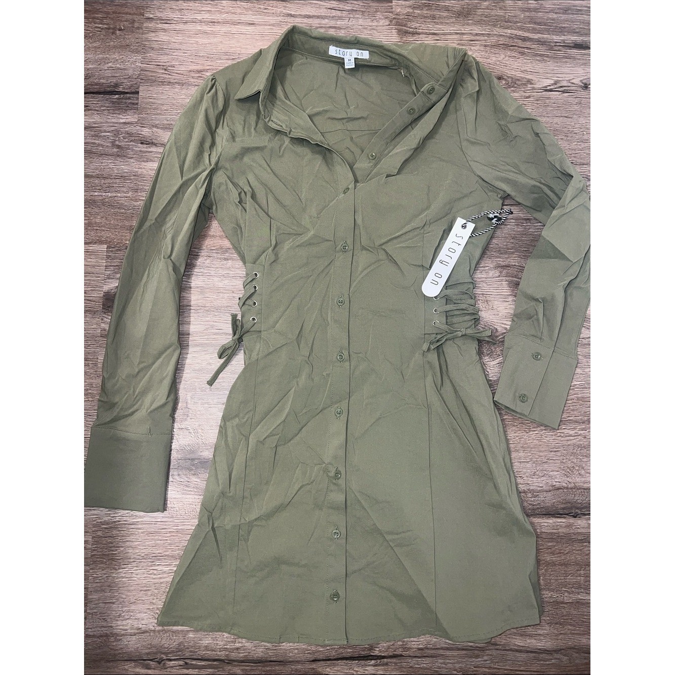 Olive Green Button-Front Shirt Dress with Side Lace-Up