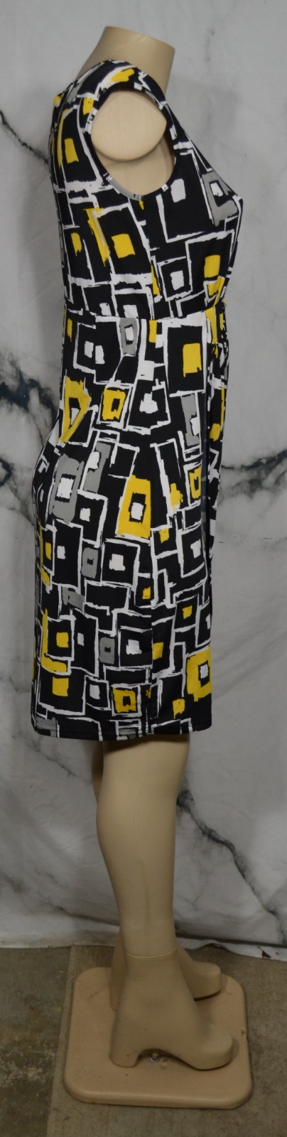 TROVARE Black Gray White Yellow Geometric Pattern Dress Medium Gathered Waist