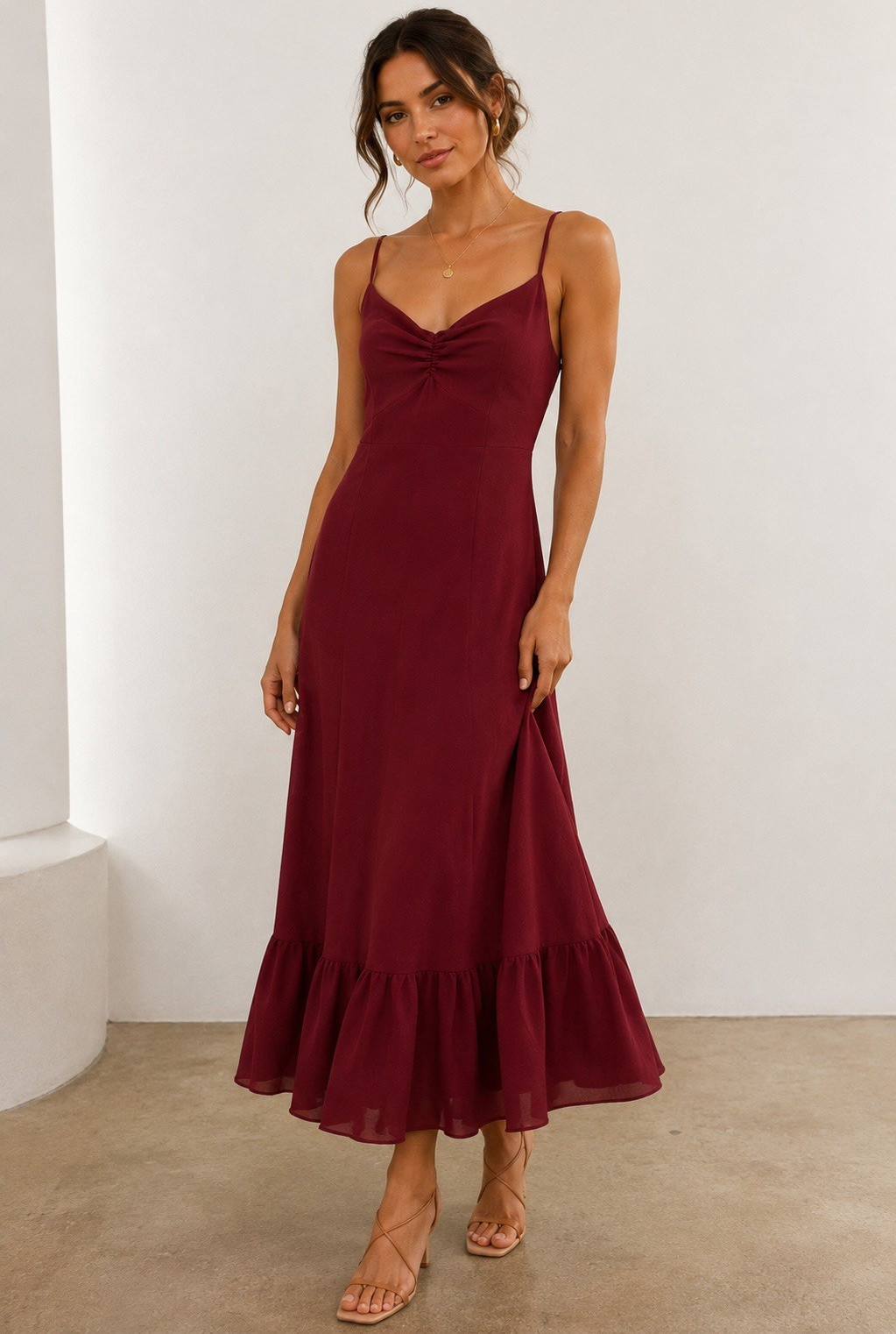 Reformation Burgundy Midi Dress Size 0 Smocked Back Ruffle Hem Read