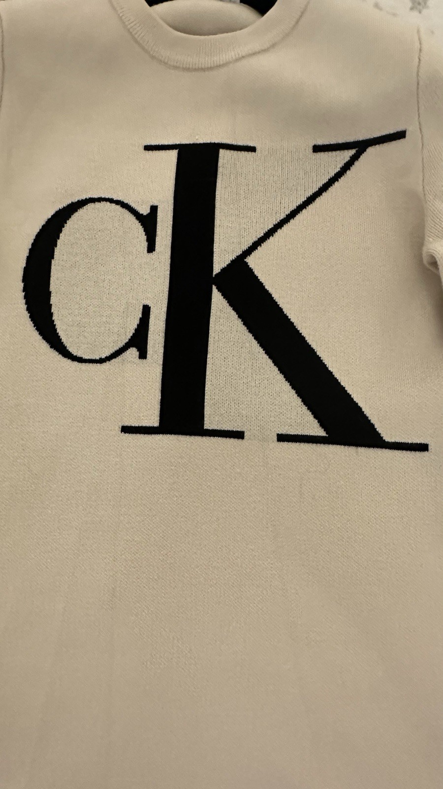 Calvin Klein Beige CK Logo Knit Sweater Dress Crew Neck Long Sleeve Stretch S