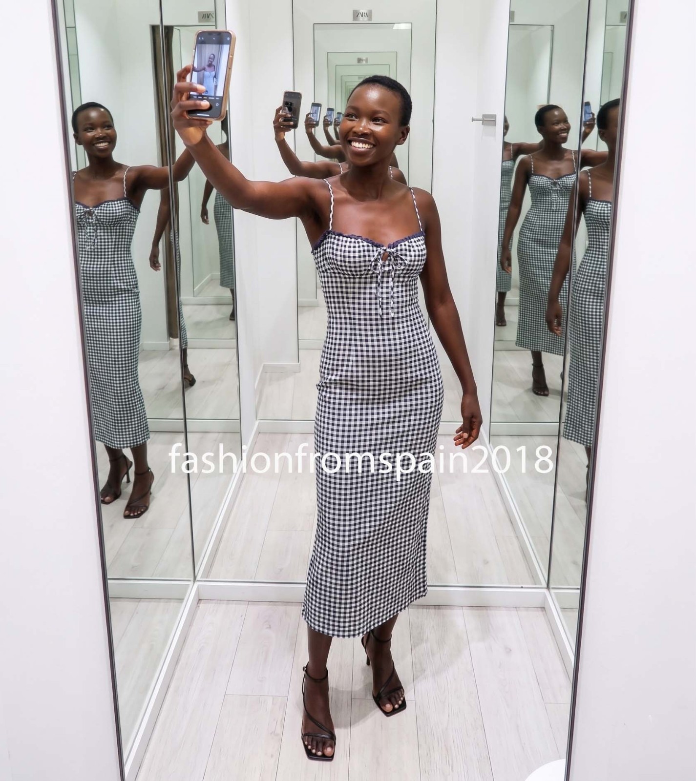 ZARA NEW WOMAN STRAPPY FITTED GINGHAM MIDI DRESS ECRU BLIE XS-XL 4745/039/080