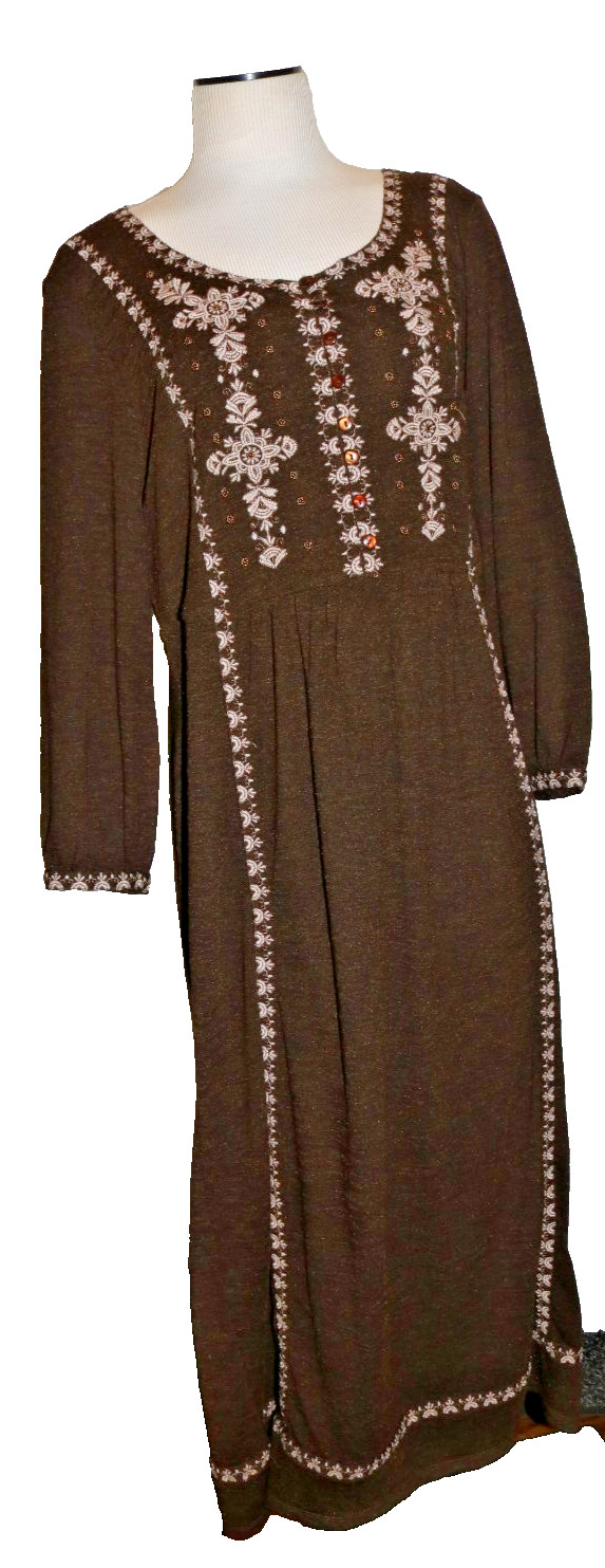 Sweet Magnolia brown dress embroidered floral design maxi Large