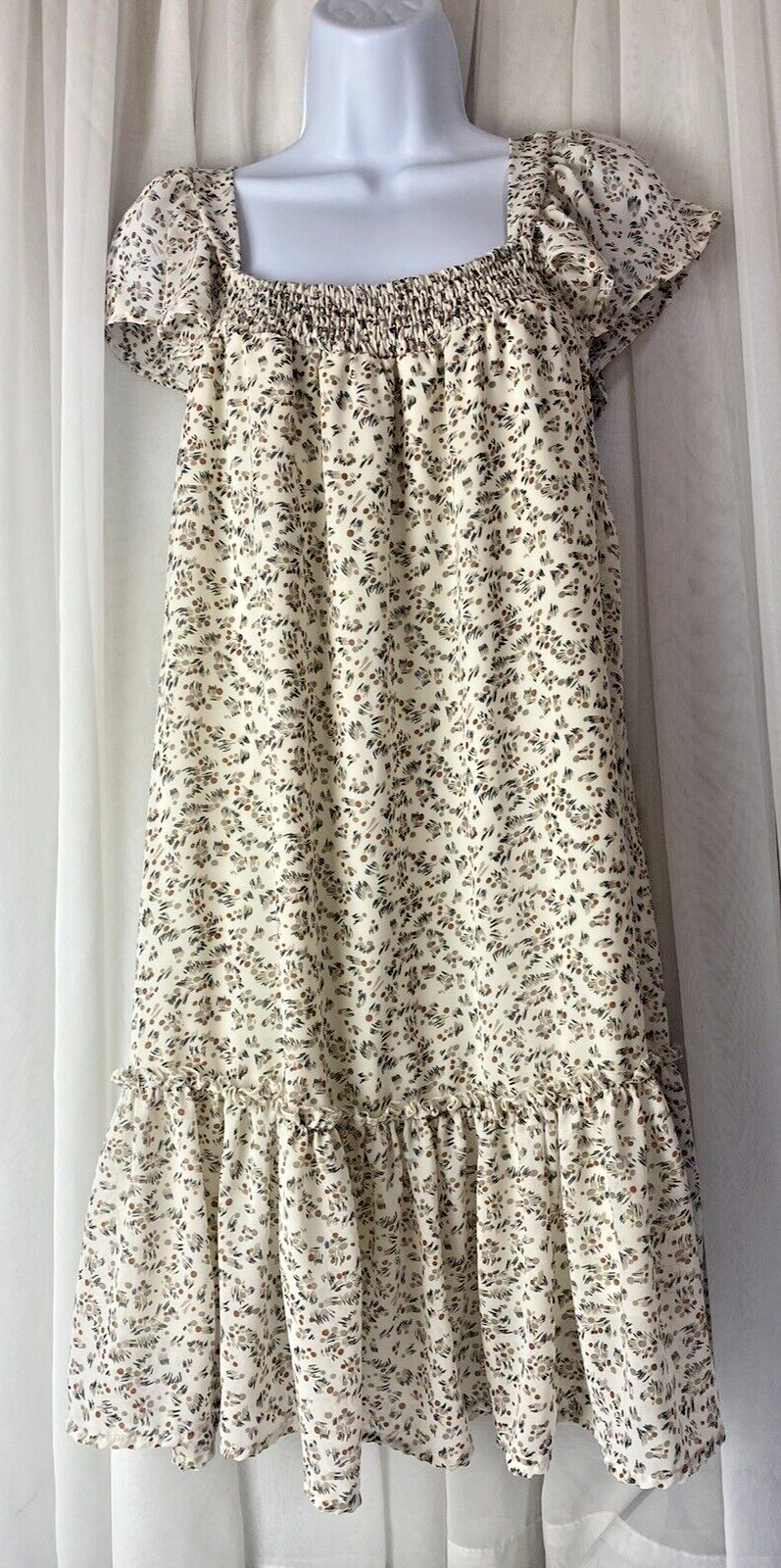 She & Sky Dress Womens Large Beige Patterned Lined Short Cap Sleeve Peasant Boho