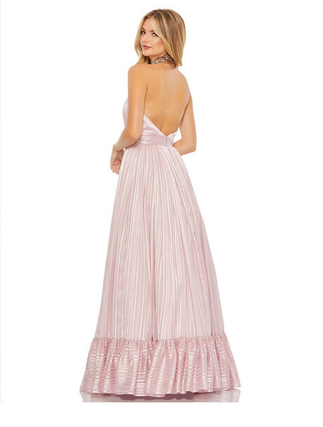 Mac Duggal Blush Pink Halter Rhinestone Neckline Pleated Pattern Gown Sz 4 $498