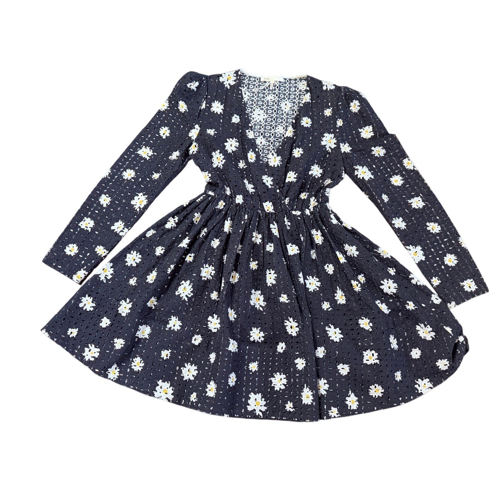 Maje Rayom Black Daisy Eyelet Mini Dress Long Sleeve Floral Sz 1 S ( no liner)