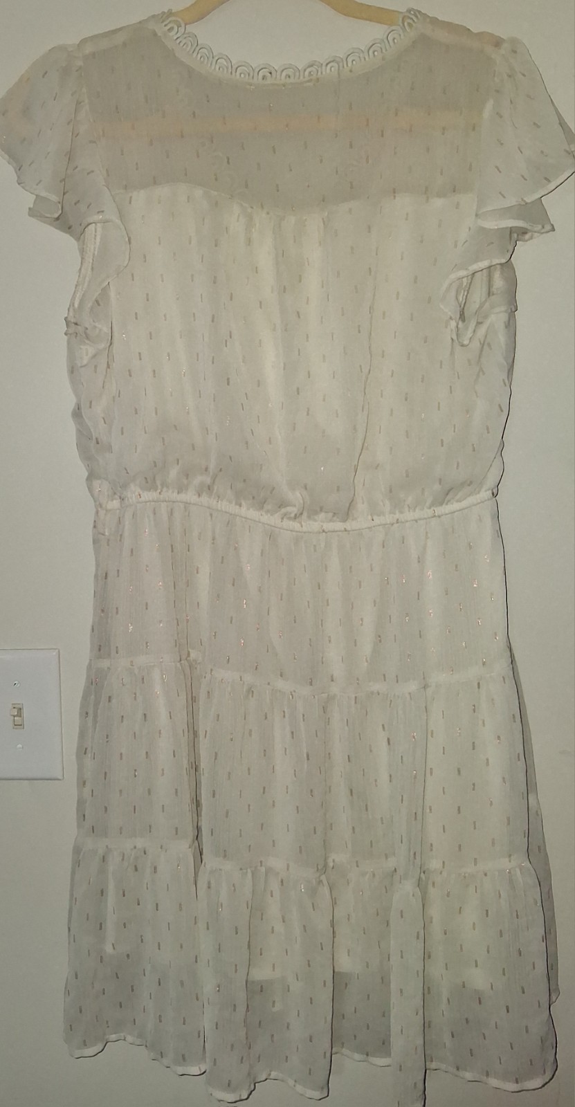 Sweet Wanderer White Gold Metallic Clip Dot Tiered Cottagecore Dress XL
