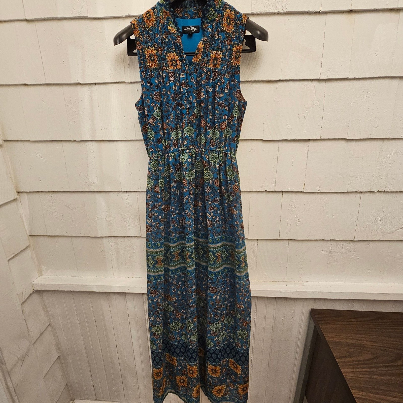 Love Reign Blue Boho Floral Maxi Dress Sleeveless Smocked Neck Size S