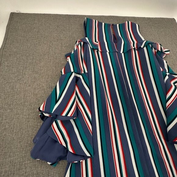 Gianni Bini Striped Dress Flutter Sleeves Cold Shoulder XS Blue Green Red White