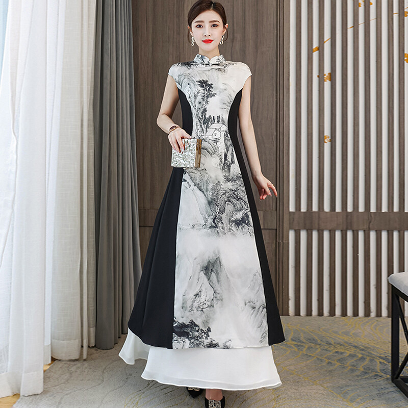 Lady Long Cheongsam Dress Vintage Style Short Sleeve Mandarin Collar Qipao Party