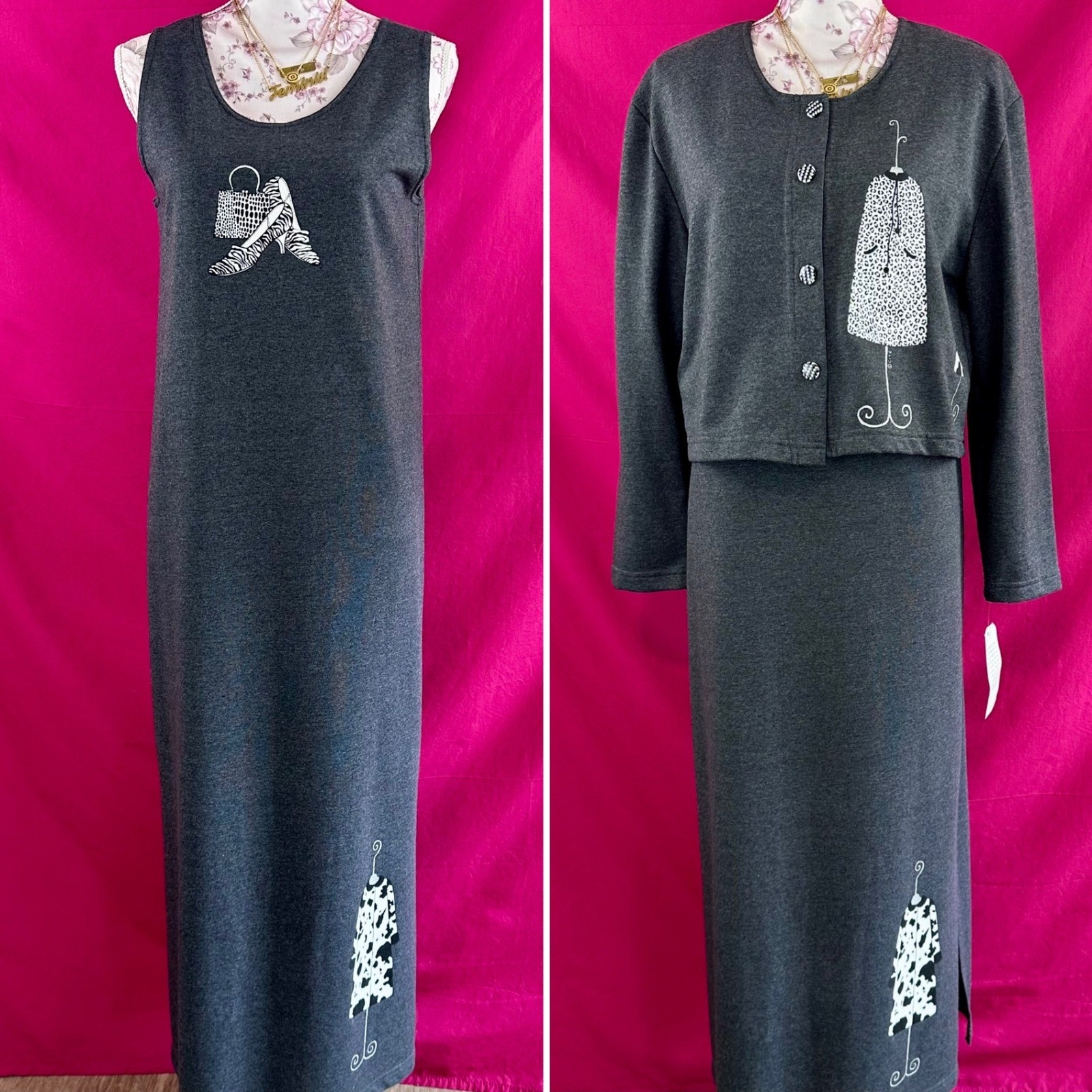 2 Piece Set Graphic Maxi Long Dress Cardigan Gray Fashion Artsy Novelty S Cite