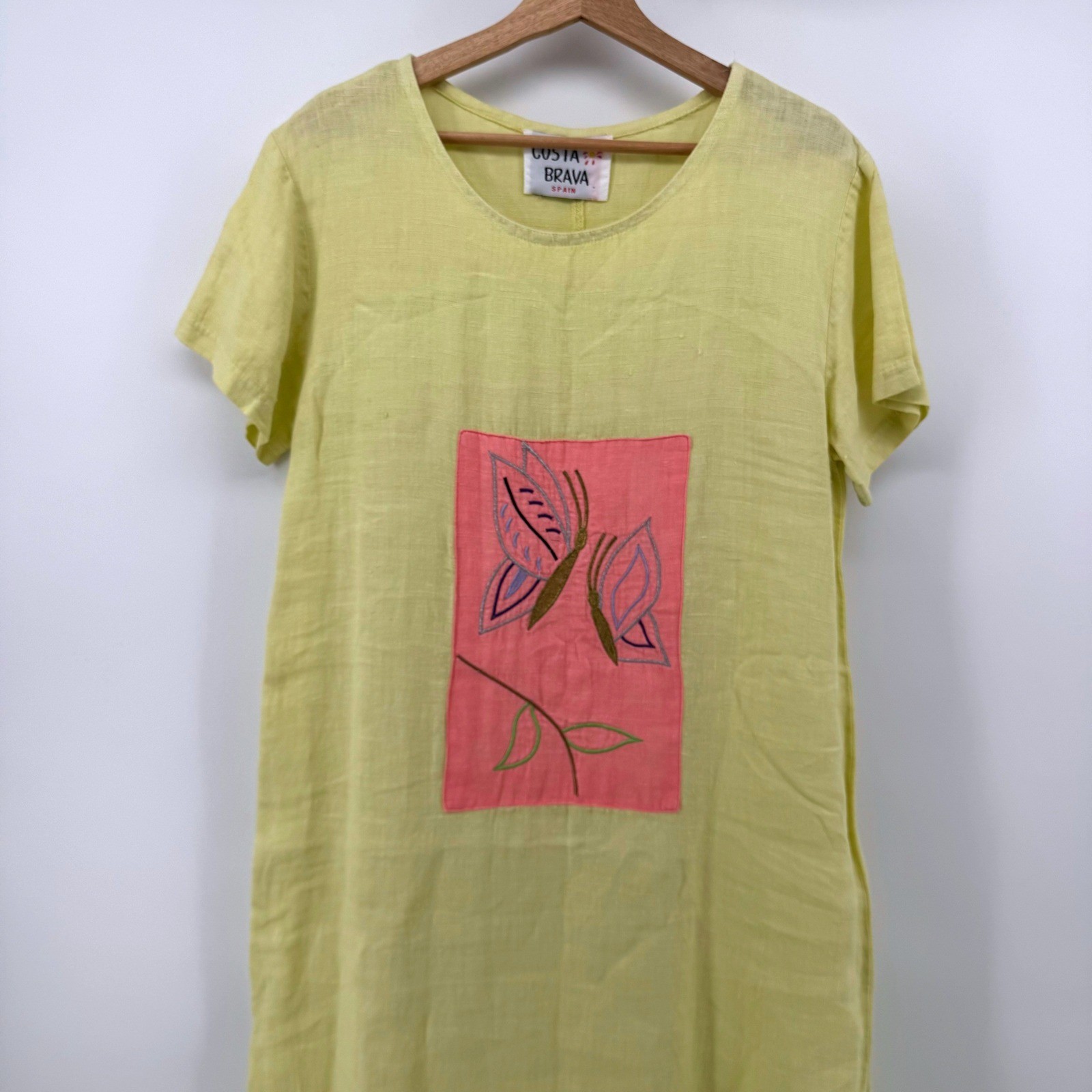 Costa Brava Spain Yellow Linen Lagenlook Maxi Tunic Dress Butterfly Short Sleeve