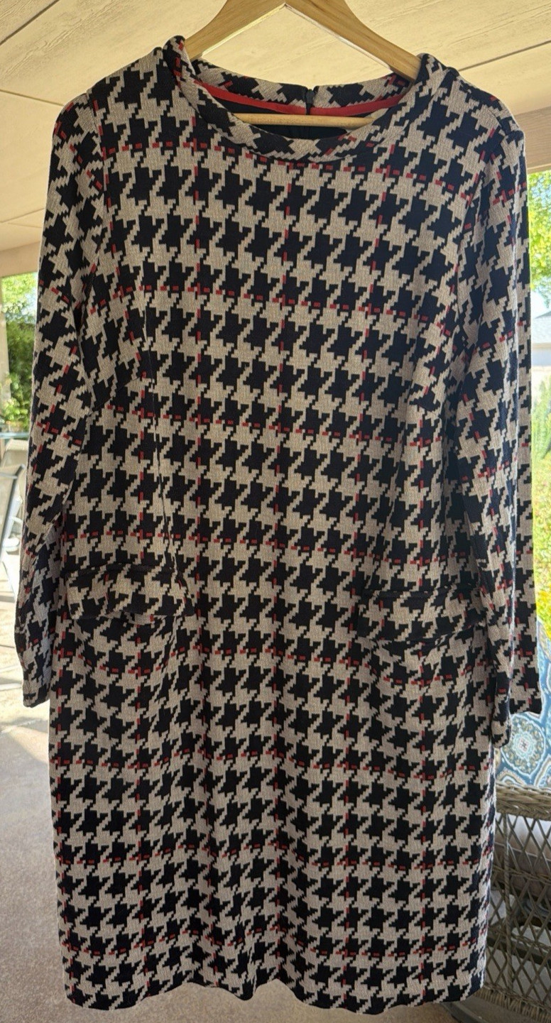 Boden Houndstooth Shift Sweater Dress 18L Navy White Red Long Sleeve Mod Retro