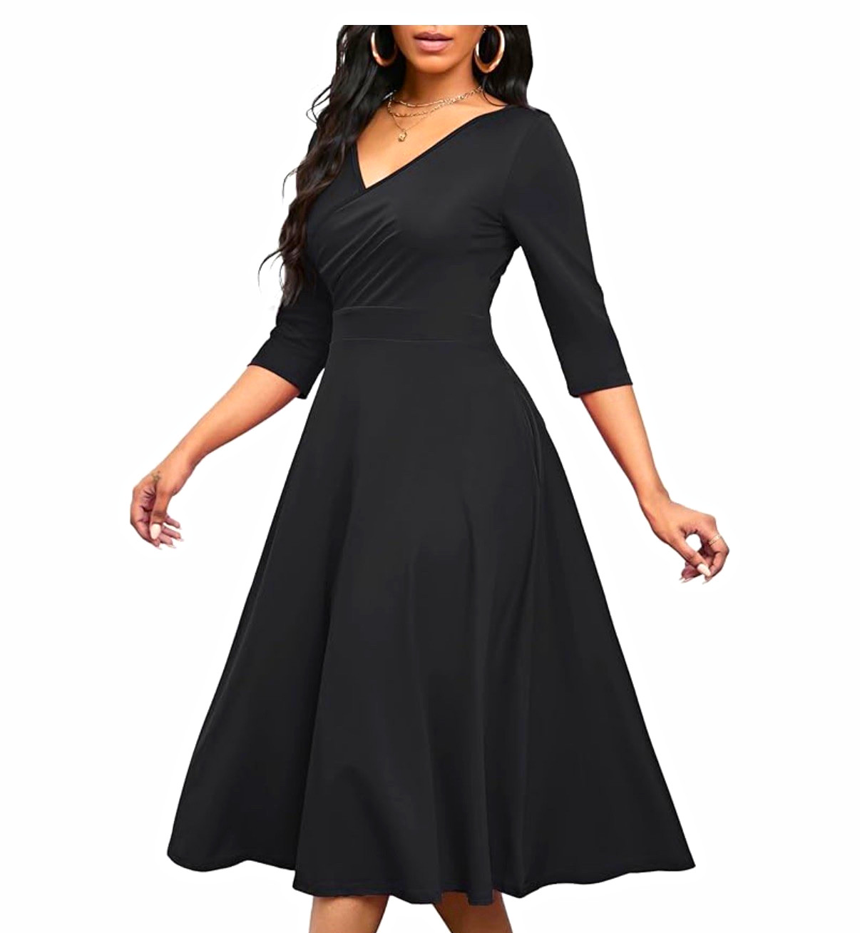 Bbonlinedress Dress Black V-Neck 3/4 Sleeve Midi A-Line Jersey Poly Spandex XL