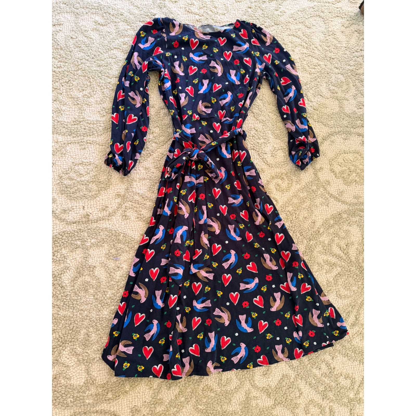Boden Leandra Navy Blue Bird Dove Heart Print Long Sleeve Midi Dress Tie Waist 8