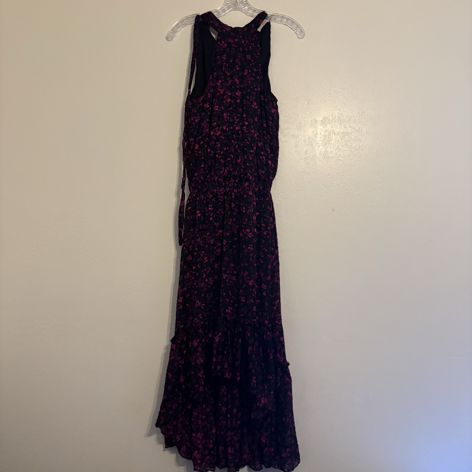 Ramy Brook Black/Pink Floral Chiffon Ruffle Tiered Maxi Dress V-Neck XS/TP