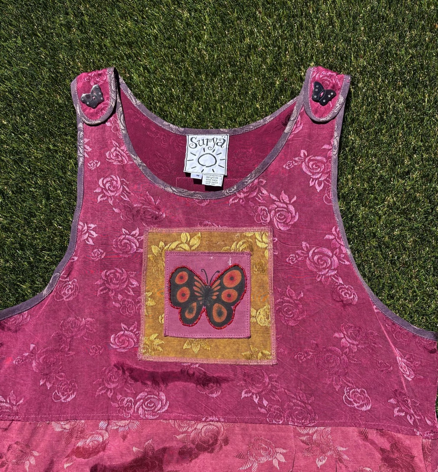 Surya Floral Cottagecore Patchwork Dress with Butterfly Appliqué