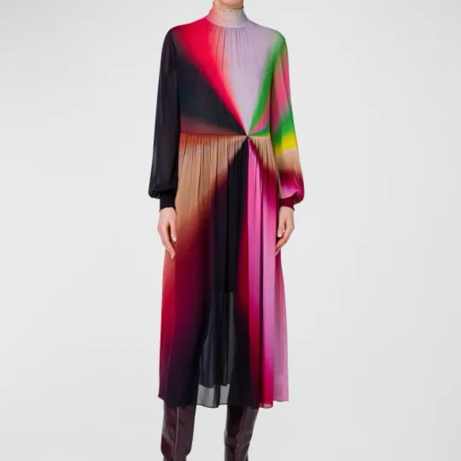 Akris Punto Ombre Multicolor Chiffon Long Sleeve Pleated Midi Dress Large