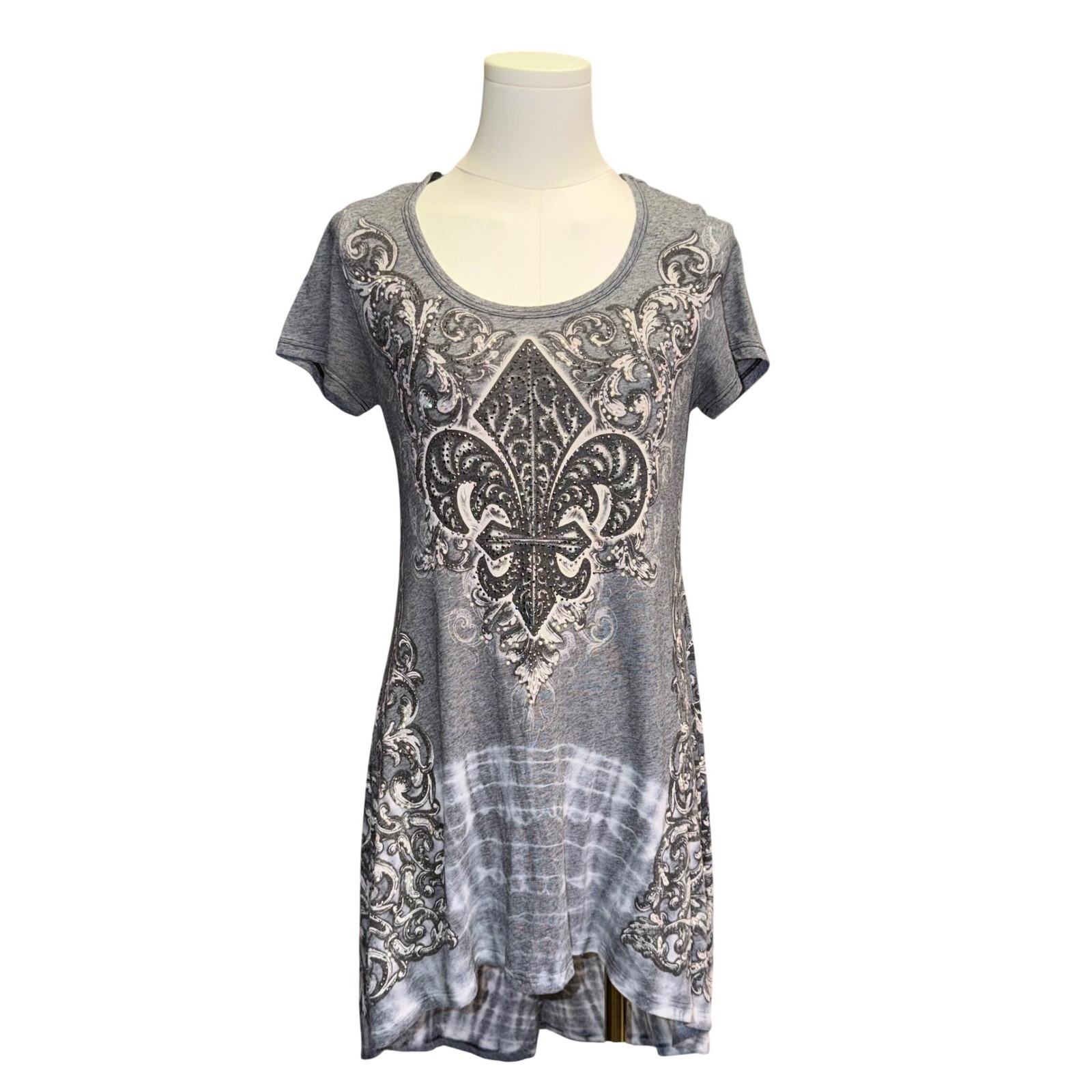 Vocal California Fleur De Lis Rhinestone High Low T-Shirt Dress Grey Y2K Medium