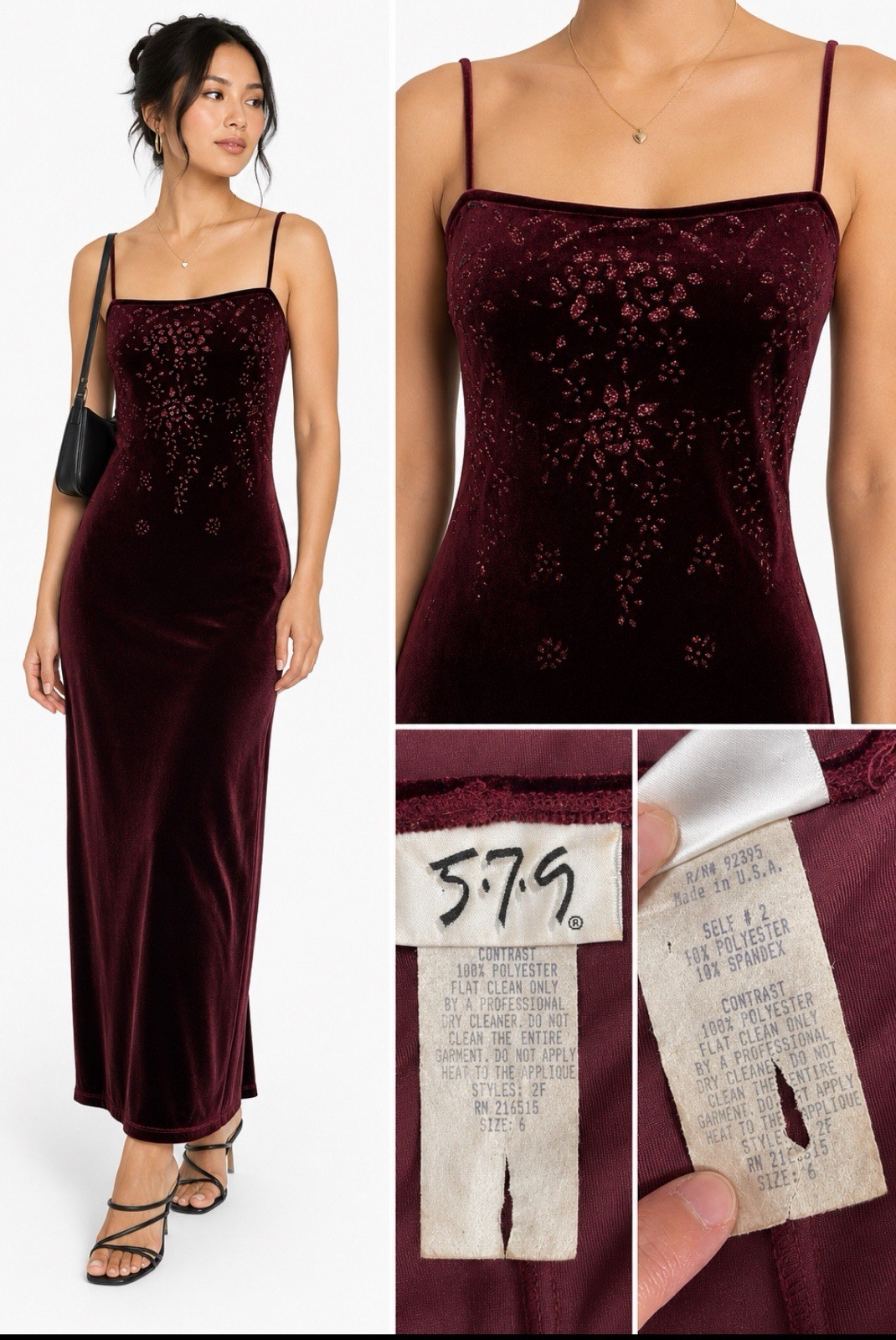 Vintage Y2K 5-7-9 Burgundy Velvet Midi Dress Floral Burnout Spaghetti Strap Sz 6
