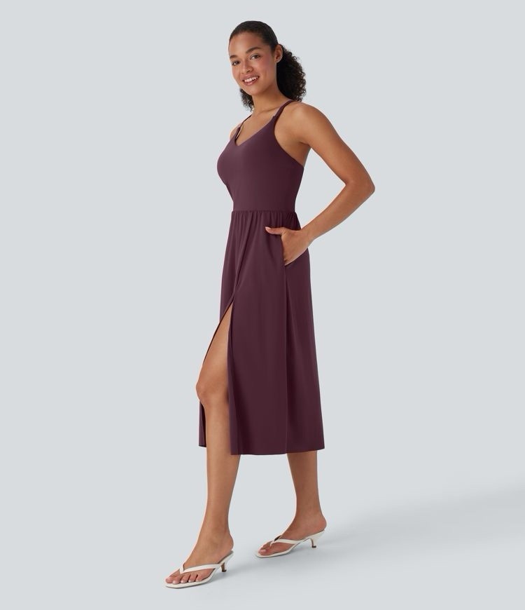 Halara SoftlyZero Airy Racerback Maxi Dress Side Slit Pockets M NEW
