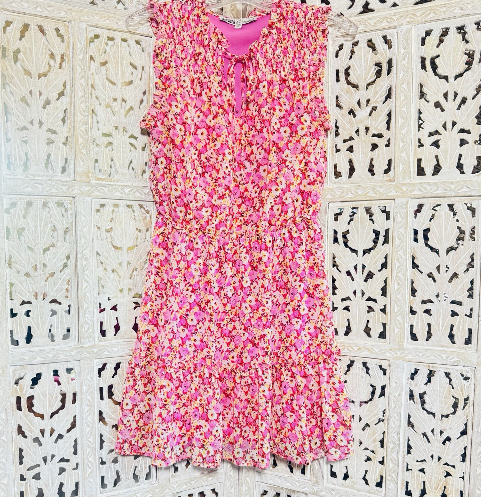 🌺 Gypsies & Moondust 🌸 Sleeveless Pink Floral Summer Dress SZ M Lined