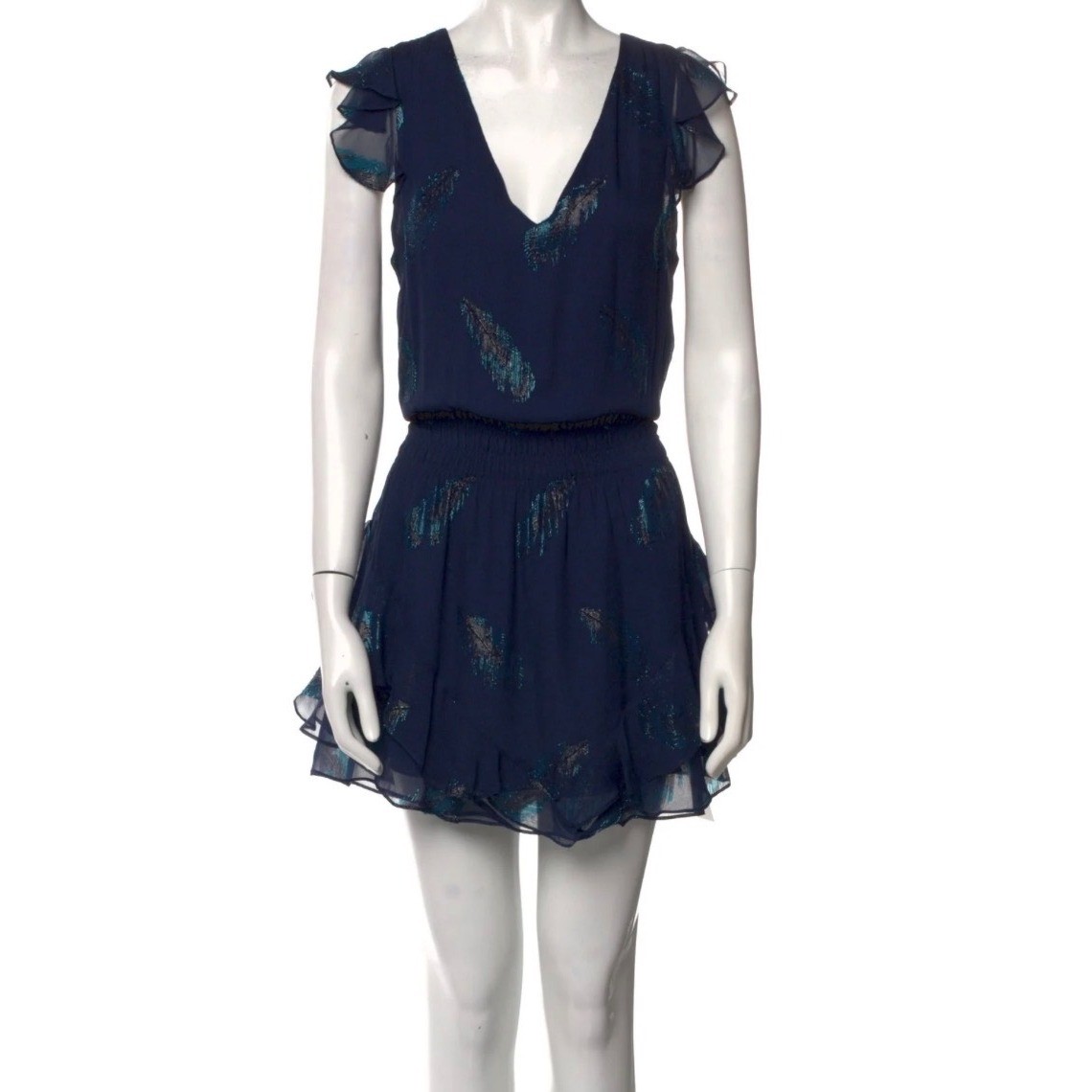 Ramy Brook Navy Blue Metallic Feather Silk Ruffle Mini Dress M boho whimsidainty
