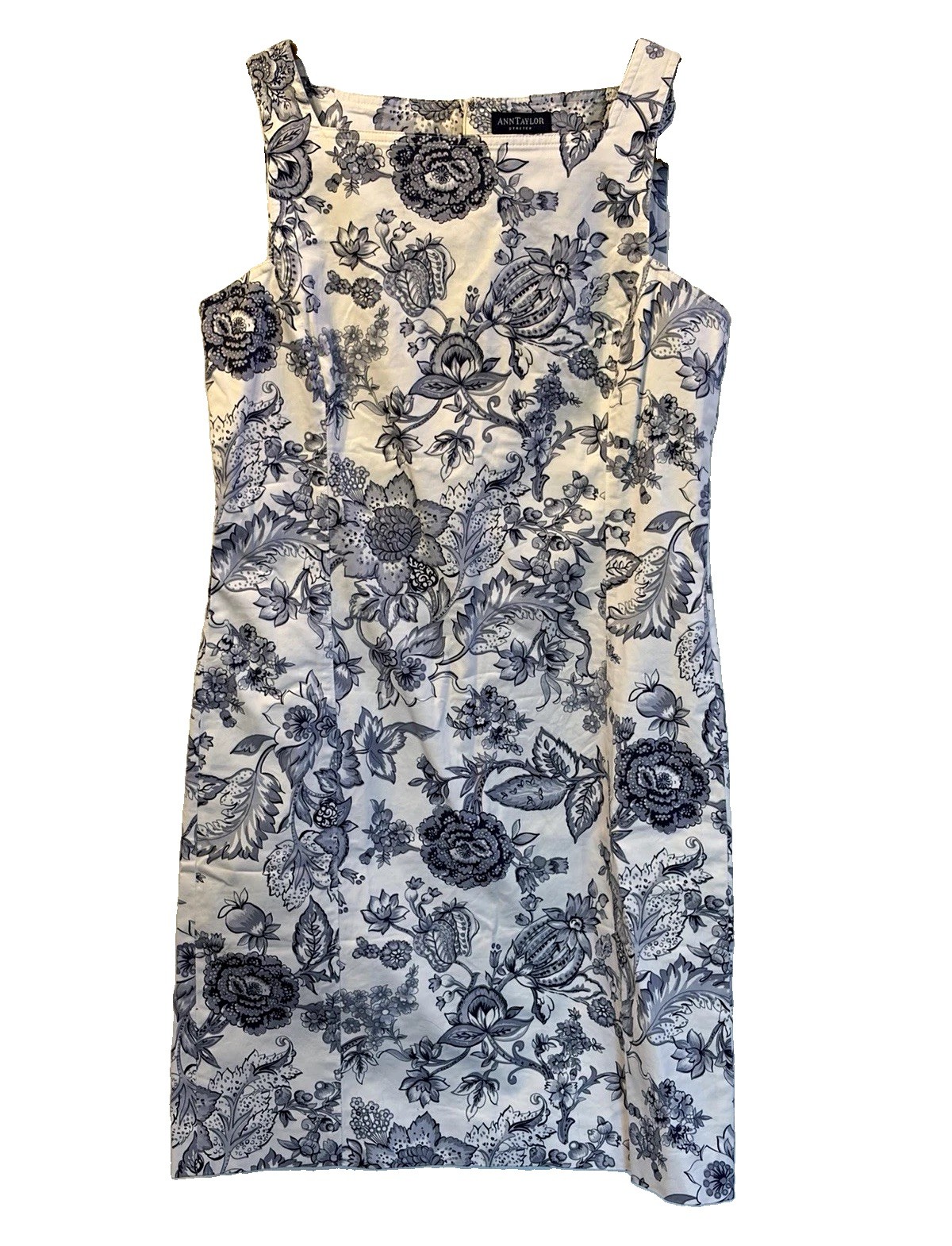Ann Taylor Stretch White Blue Floral Sheath Dress Knee Length Square Neck 12