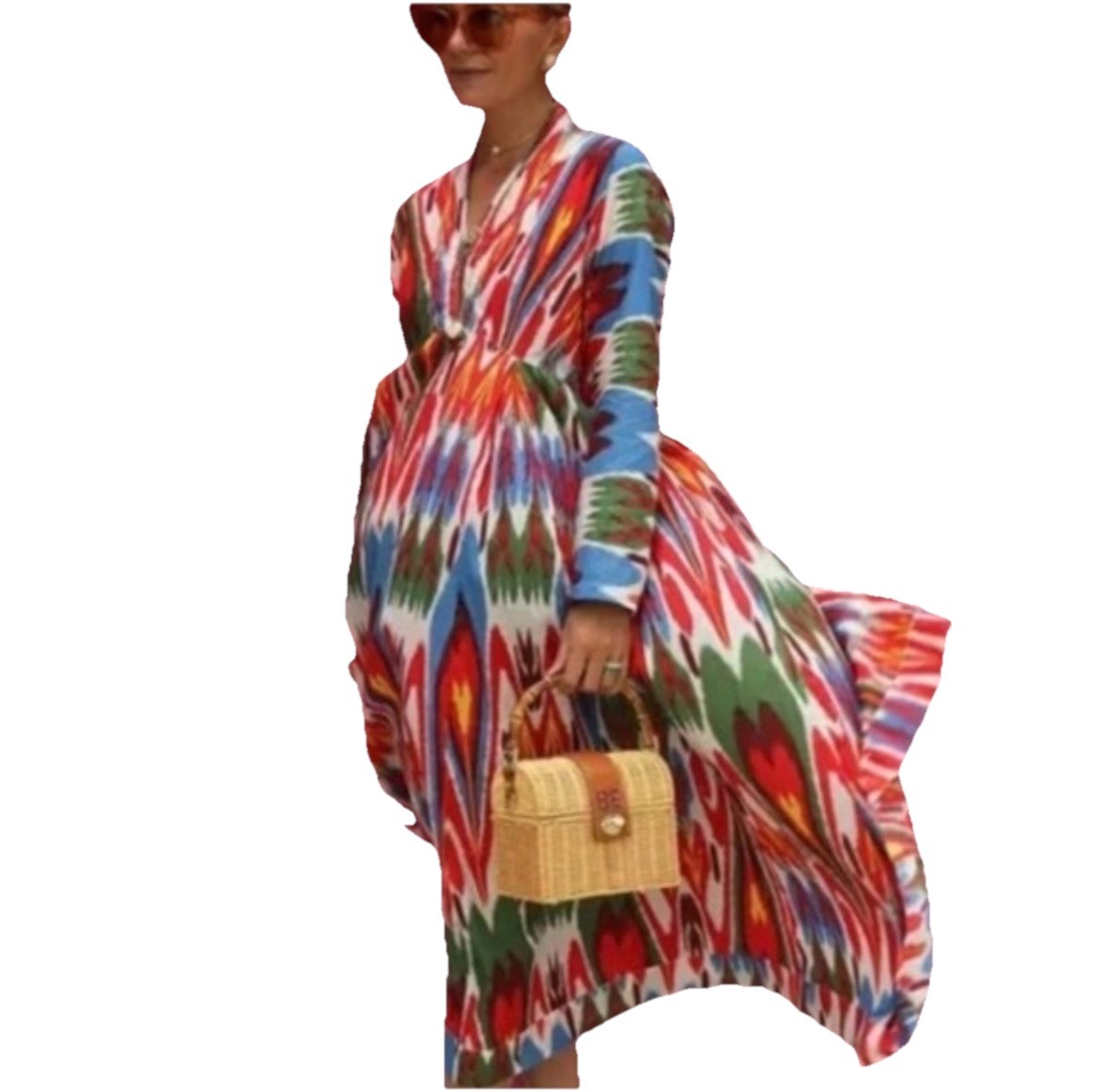GUADALUPE Multicolor Ikat Pattern Midi Dress Sz S