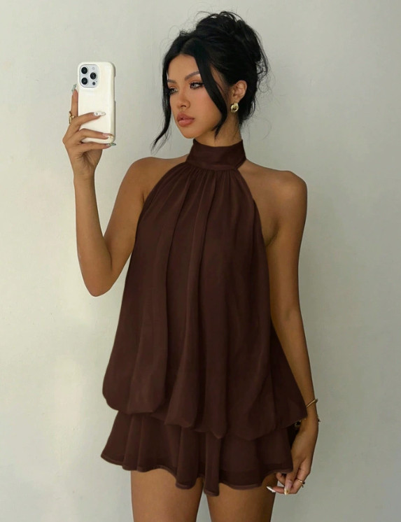 Womens Halter Neck Backless Mini Dress Sleeveless Ruffle Tiered Flowy Sundress