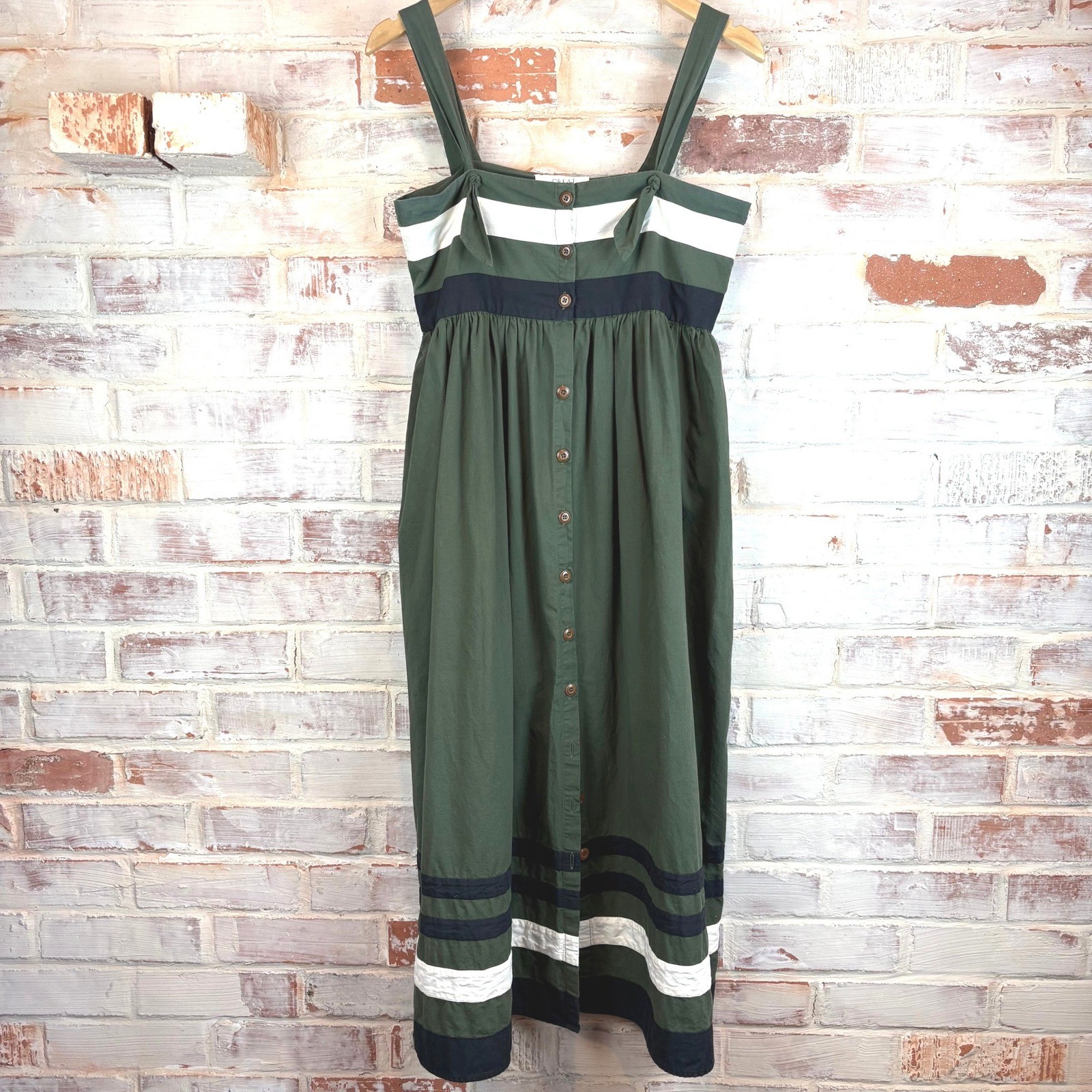 THE GREAT Horizon Dress Green Olive Stripe Cotton Tie Strap Maxi Dress Size 1