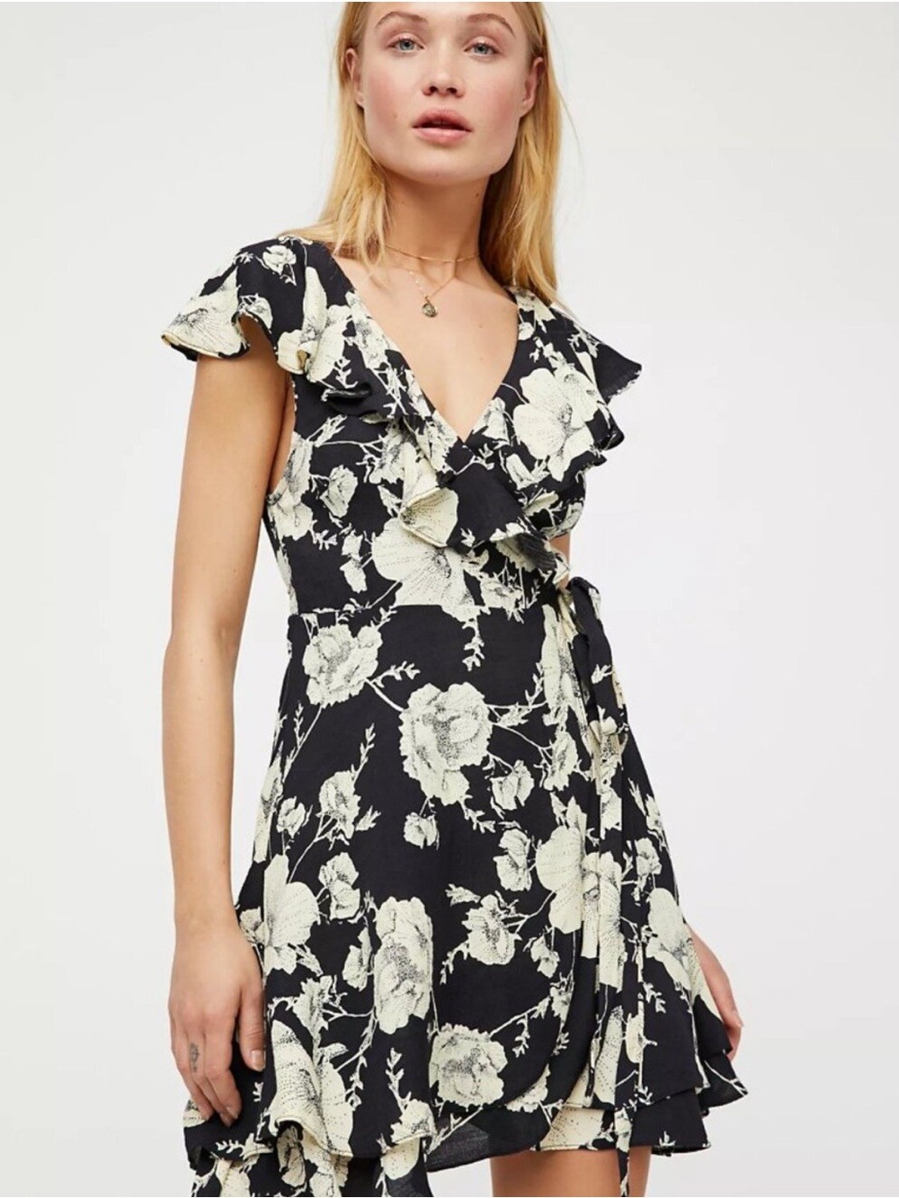 Free People Black Floral Wrap Mini Dress – Boho Botanical Print, Size M