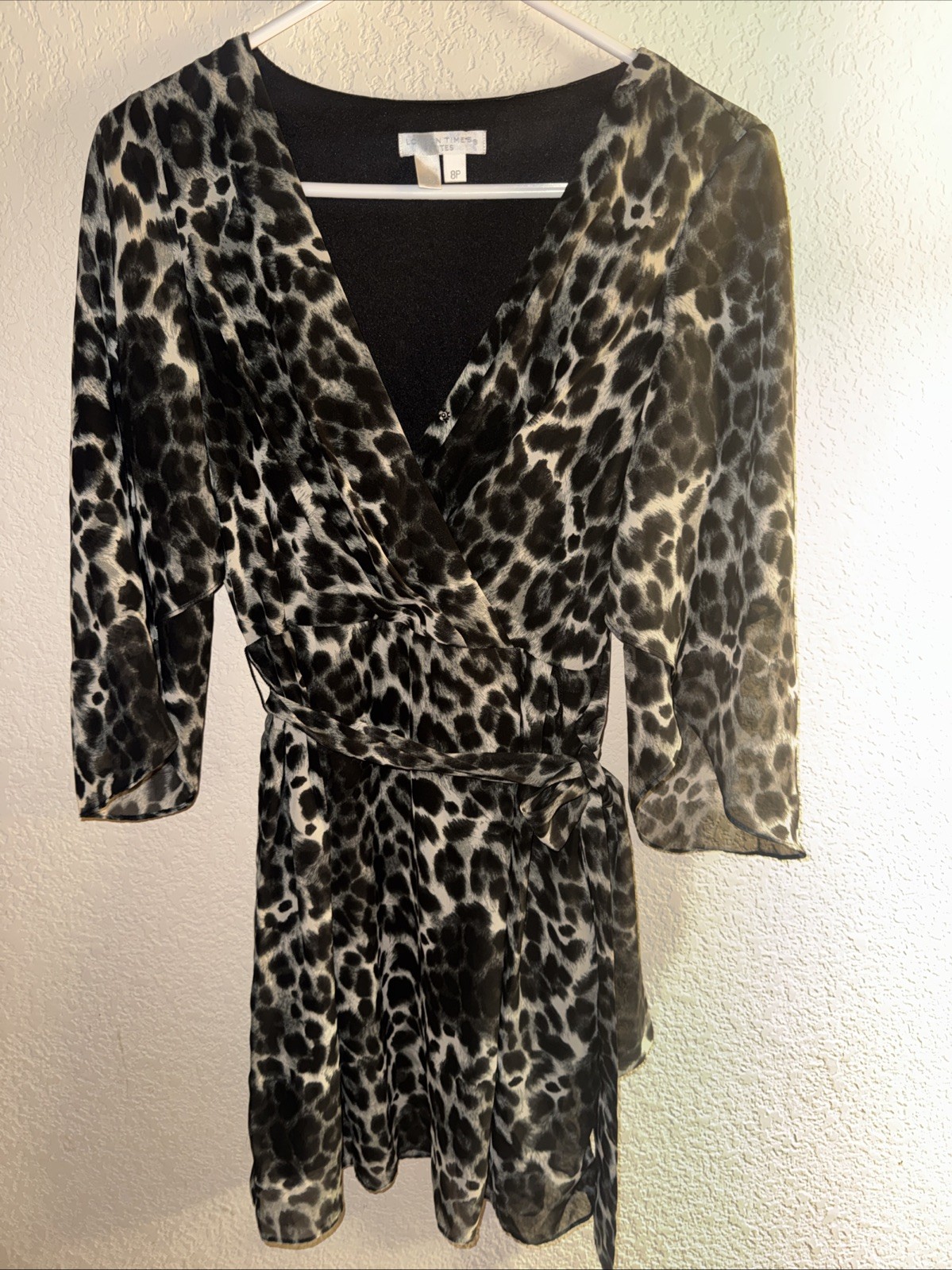 London Times Petites Animal Print Ruched Faux Wrap Dress 8P