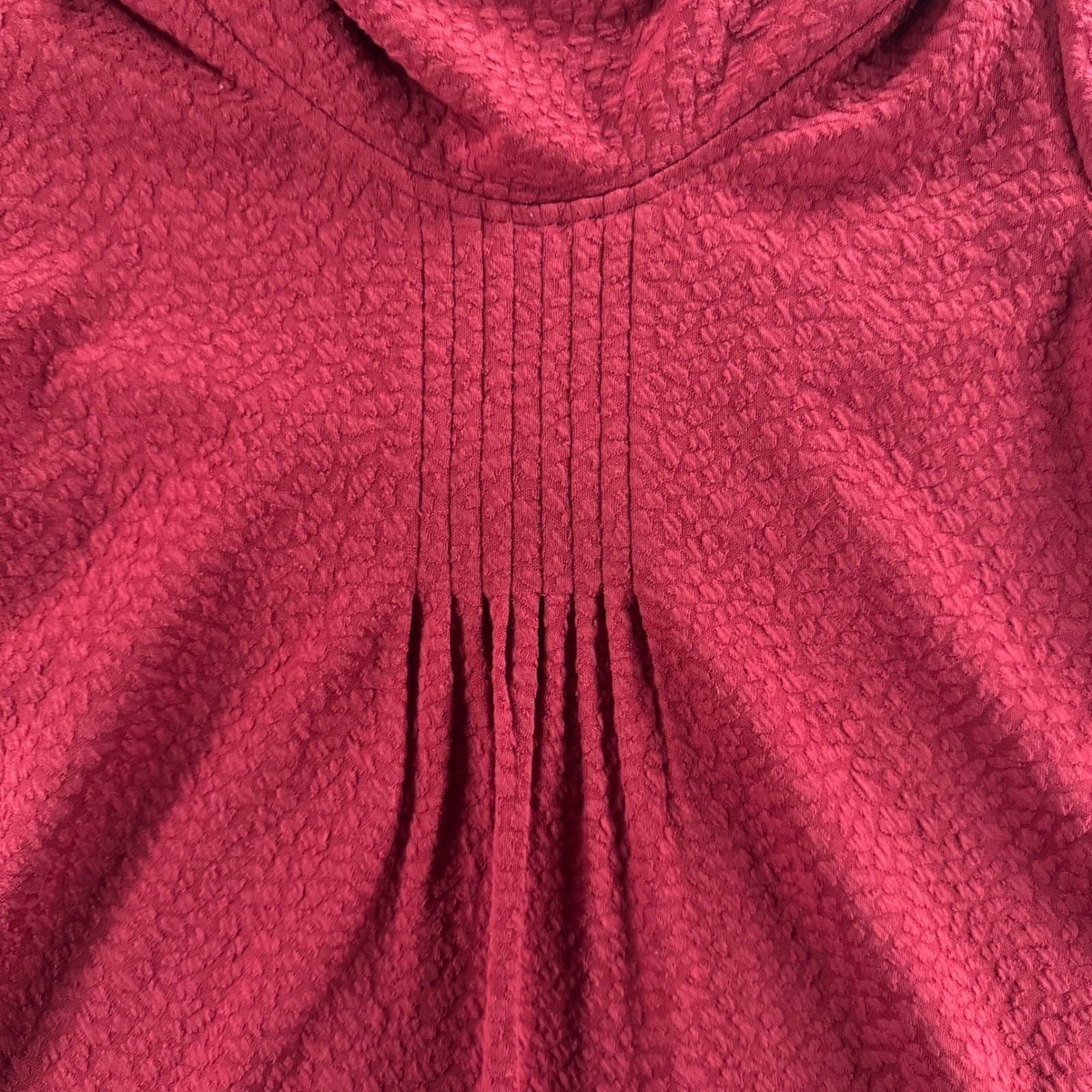 Burgundy Textured Cowl Neck Shift Dress Womens L Red Puff Sleeve Pintuck Exc