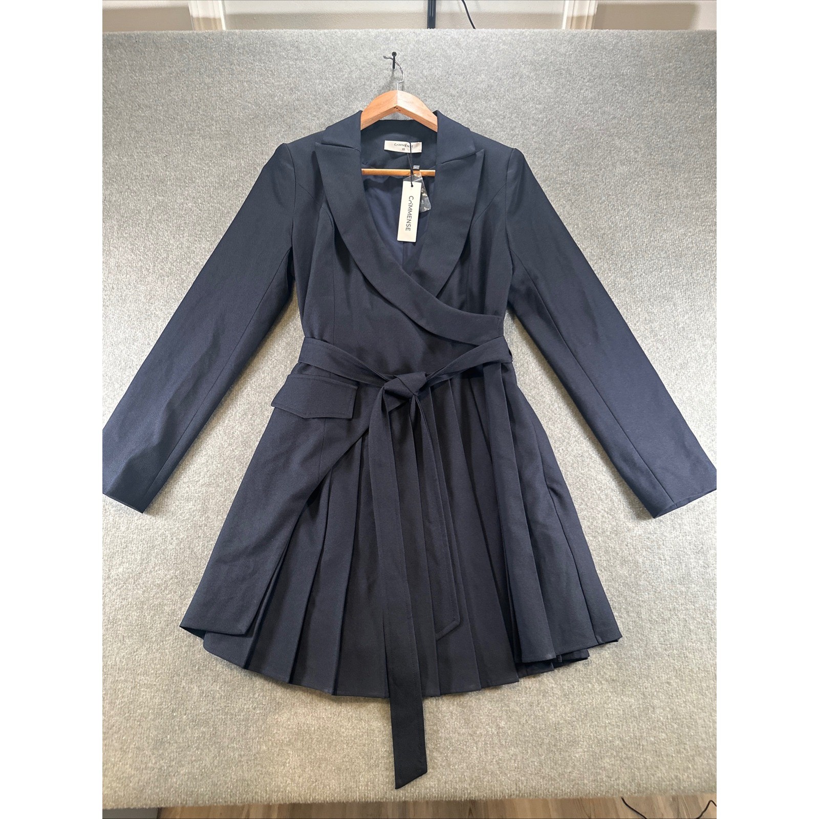 Commense Navy Blue Pleated Wrap Blazer Mini Dress XS Long Sleeve Tie Waist NEW