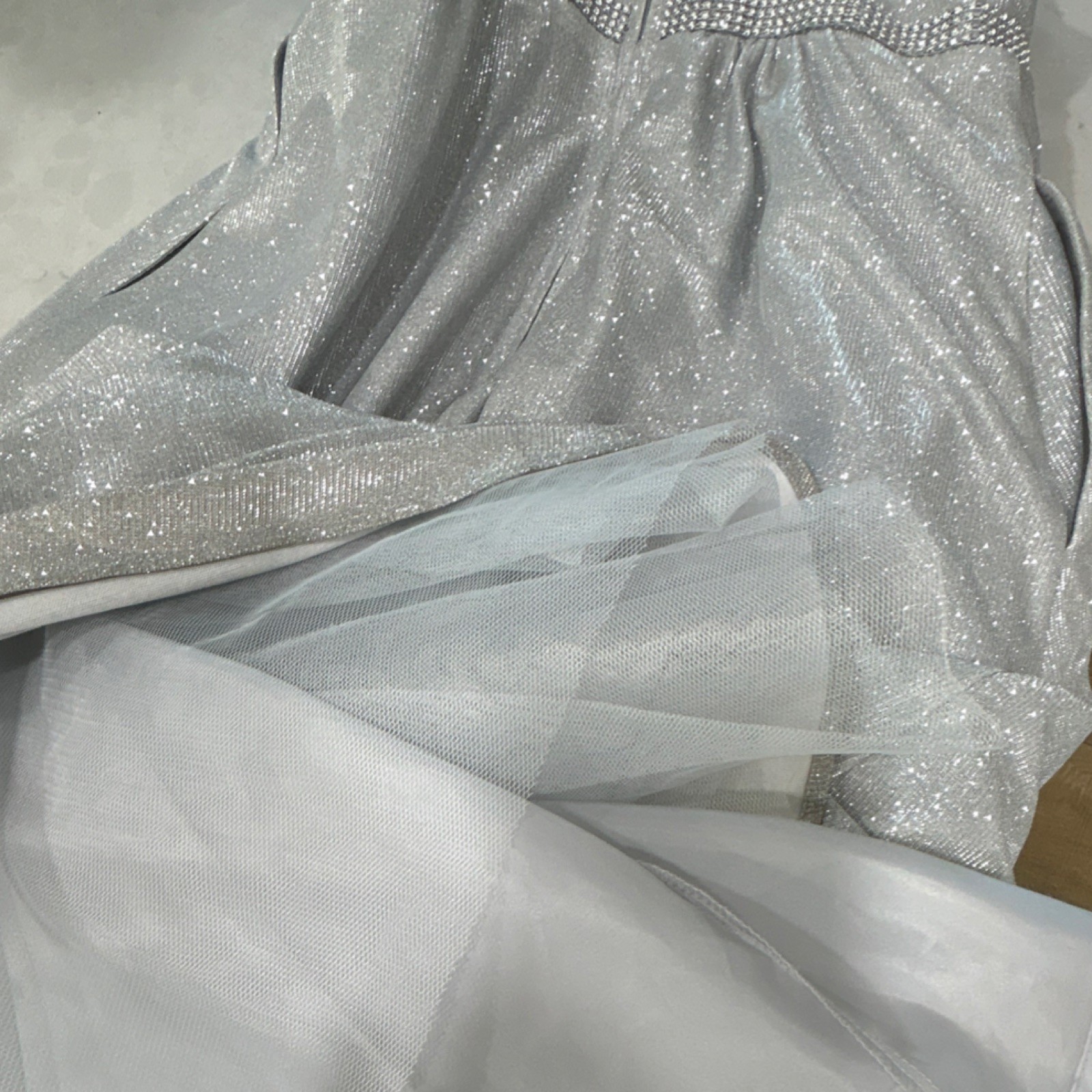 Crystal Doll Silver Satin Glitter Beaded Strappy Long Gown Dress Size 5 V-Neck