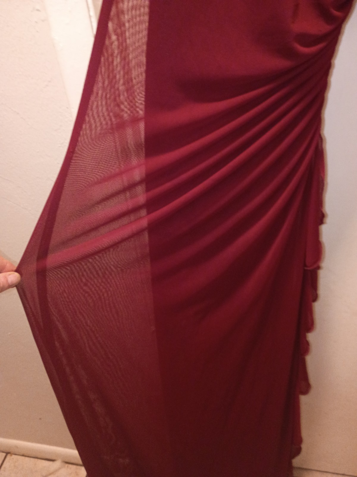 My Triangles Burgundy Sheer Ruched Long Sheath Dress Sleeveless Size S