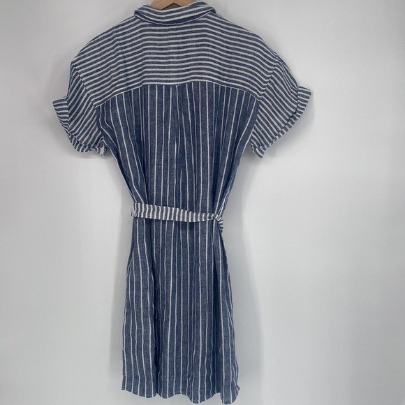 Nautica | Blue & Bright White Stripe Linen-Blend Belted Shirt Dress Medium NWT