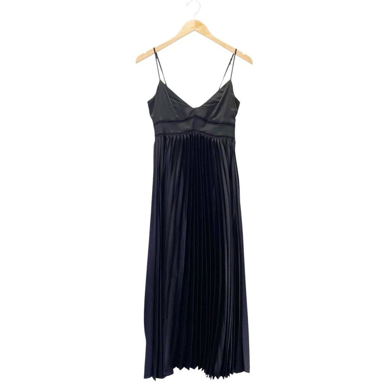 Saks Fifth Avenue Black Satin Pleated Midi Dress Spaghetti Strap V Neck Sz Small