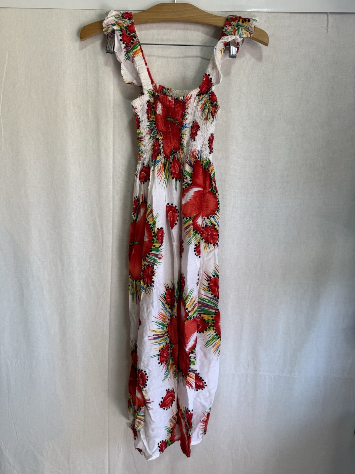 Women’s White Red Green Floral Smocked Maxi Dress One Size Square Neck #202