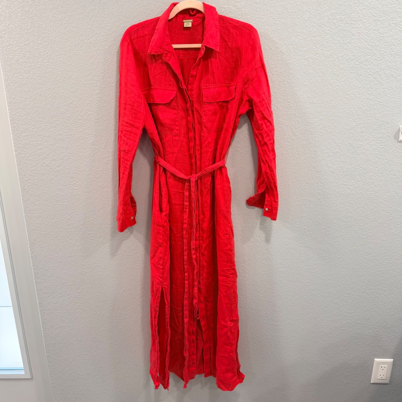 Magaschoni Women’s M Red 100% Linen Maxi Shirt Dress Long Sleeve Waist Tie