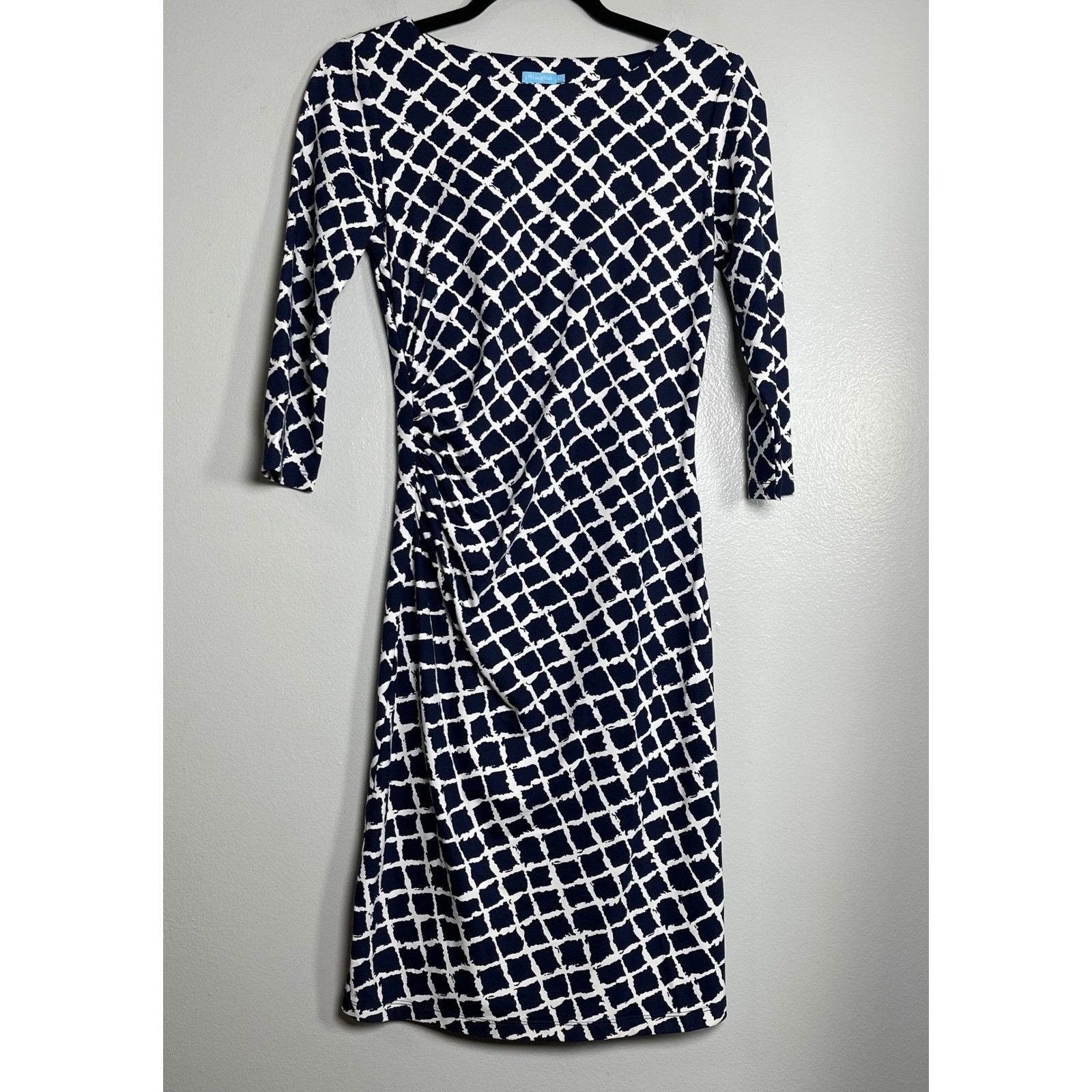J. McLAUGHLIN Navy Geometric Print Ruched Sheath Dress XS Navy Blue White Career