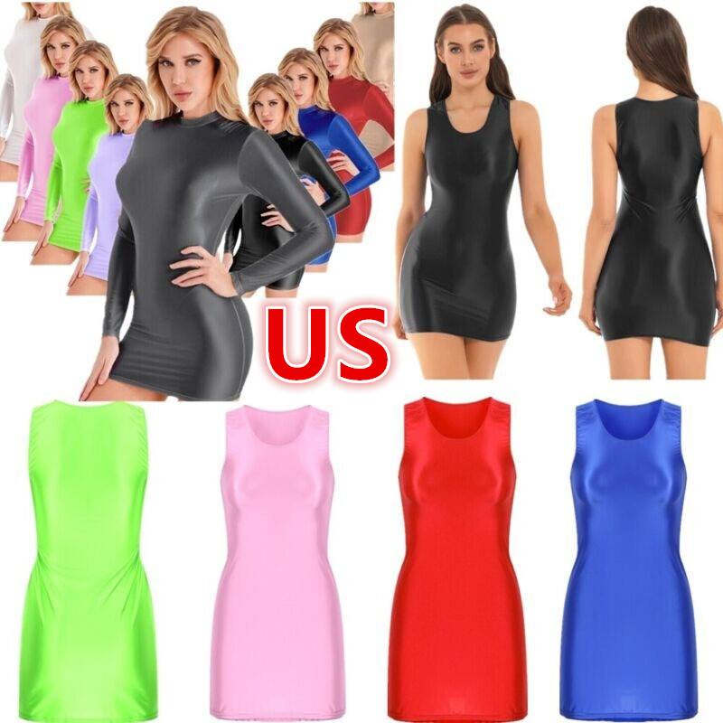 US Womens Glossy Bodycon Mini Dress Oil Shiny Sheer Pencil Dress Sexy Clubwear