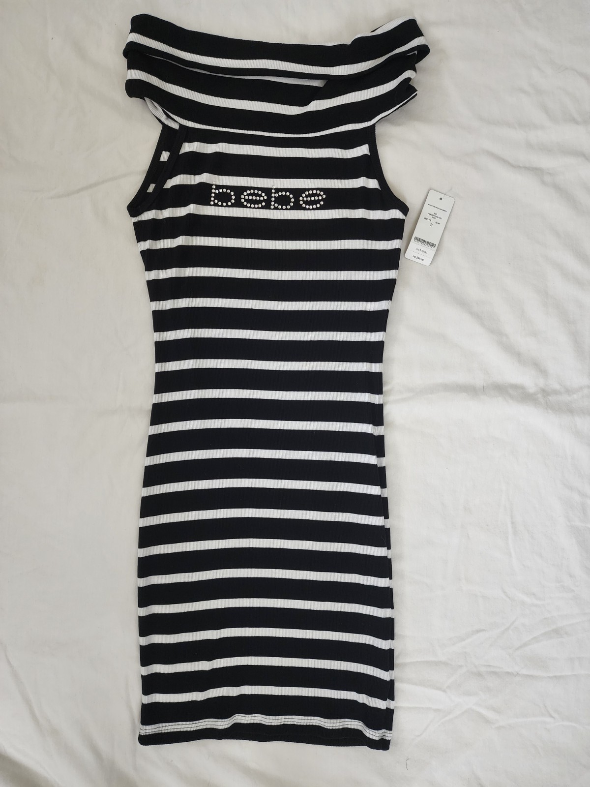 bebe Womens Dress Small Black White Striped Rhinestone Logo Fold Over Neck NWT
